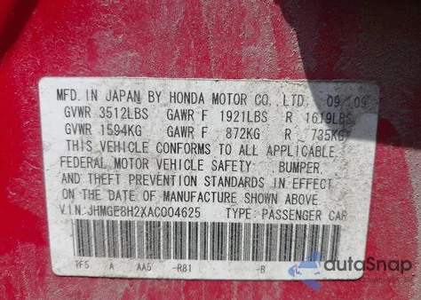 2010 Honda Fit from USA, damaged, VIN JHMGE8H2XAC004625